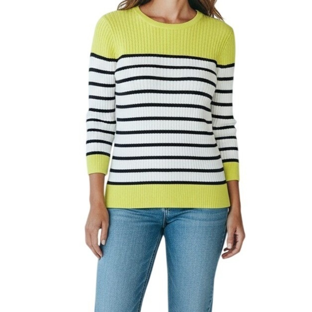 Jeanne Pierre Neon Yellow Striped Ribbed Sweater‎ M Preppy Nautical Coastal